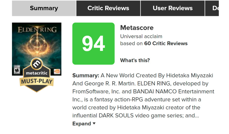Metacritic score for Elden Ring