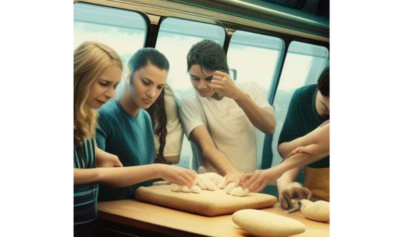 A group of friends kneading dough on the train