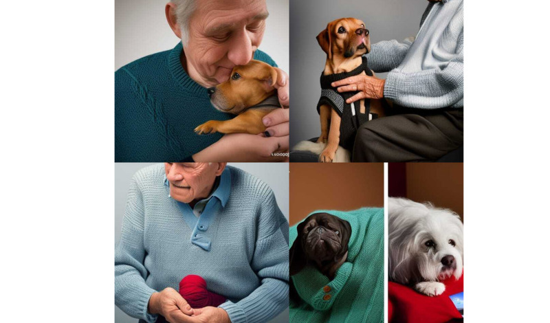 A man knitting a sweater for his dog